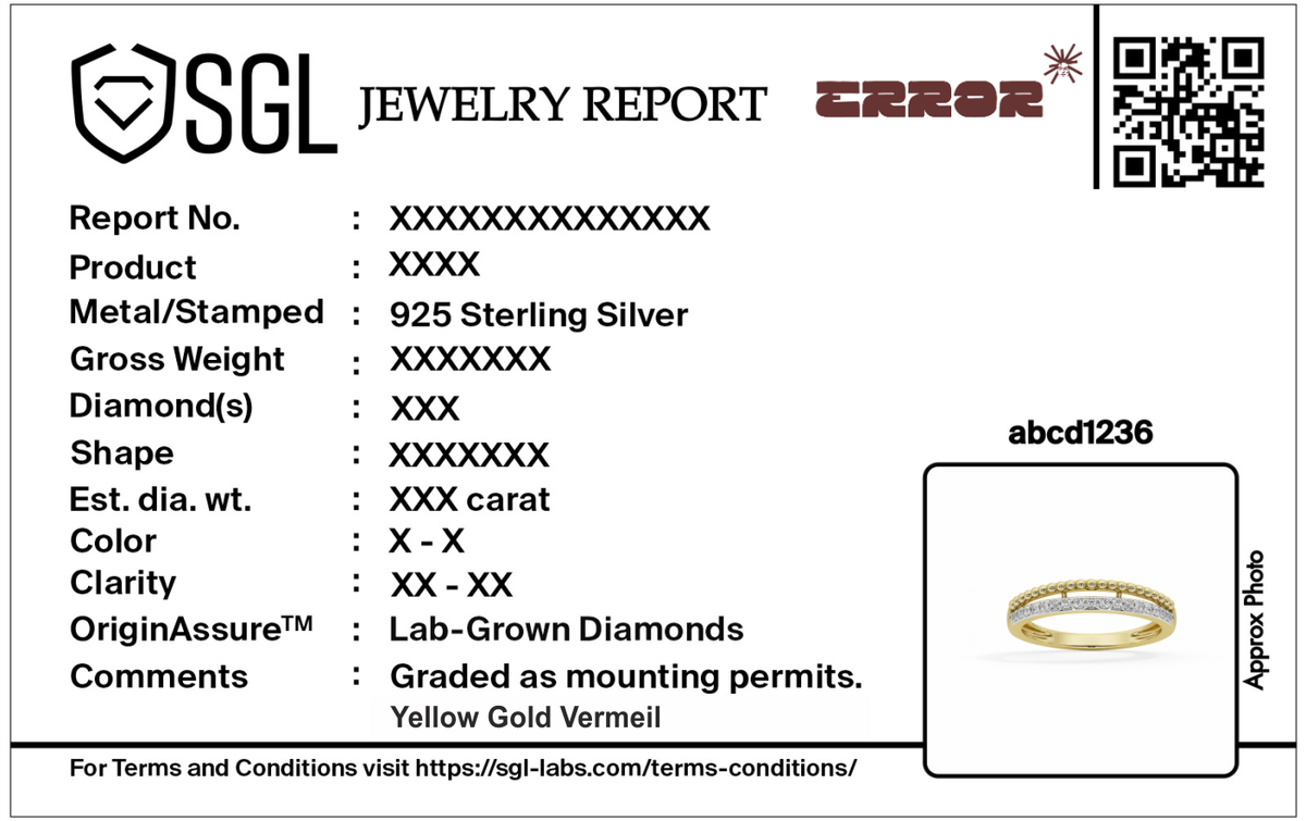 Jewelry report card for Threadline lab diamond band ring, yellow gold vermeil