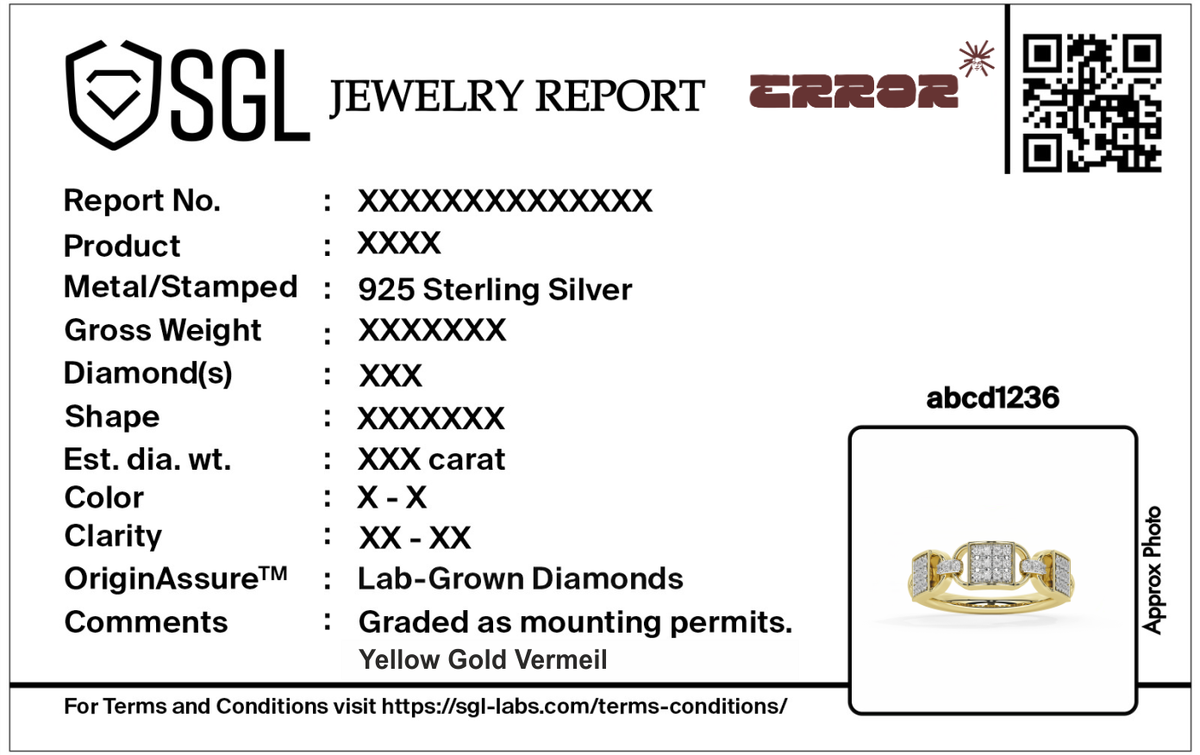 Jewelry report card with yellow gold vermeil lab diamond band ring inset