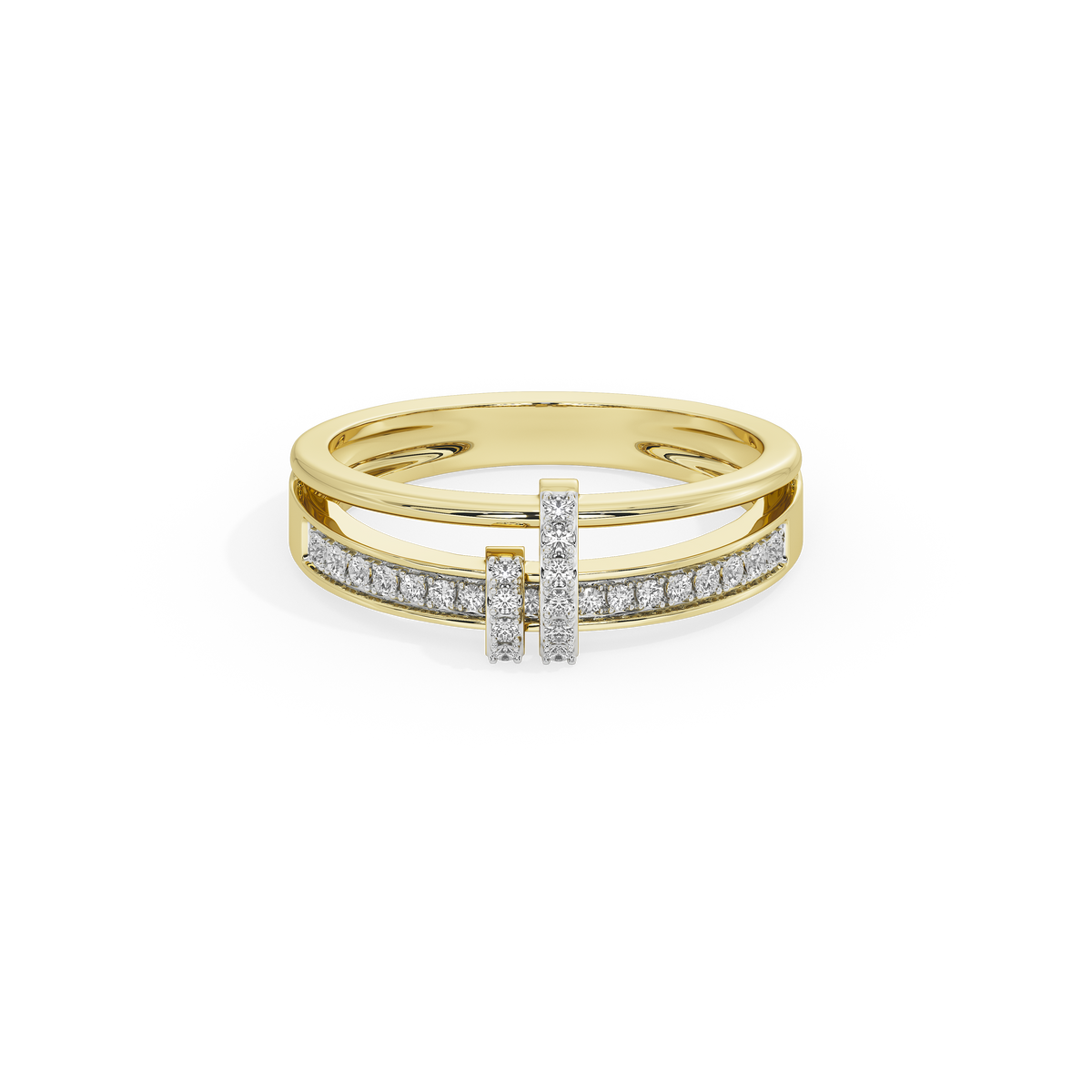 Yellow gold vermeil ring with lab diamond pavé and two vertical center stones