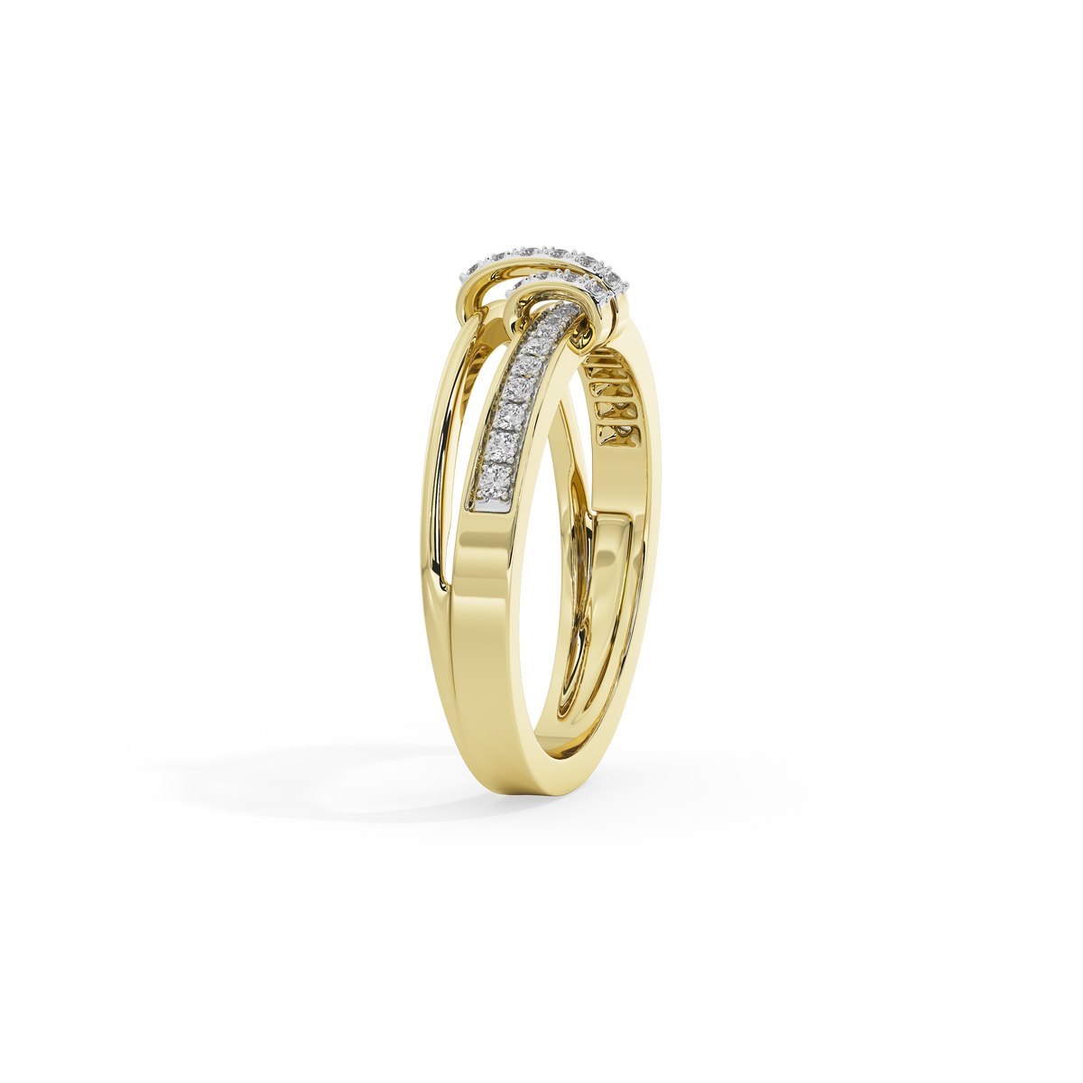 Yellow gold vermeil lab diamond ring, side view with stacked pavé bands