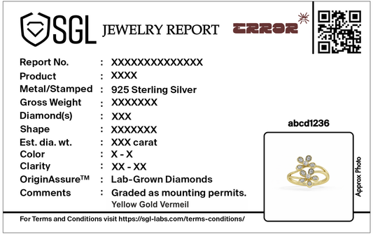 Jewelry report card for lab diamond ring in yellow gold vermeil