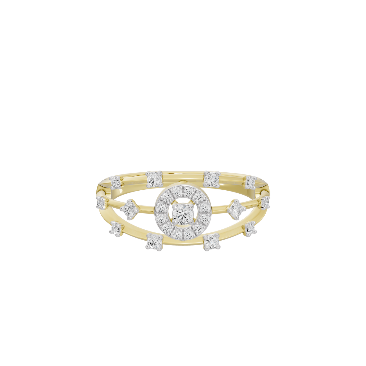 Yellow gold vermeil lab diamond halo ring with round center stone and side accent stones