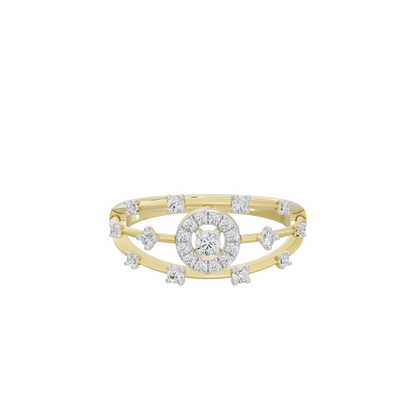 Yellow gold vermeil lab diamond halo ring with round center stone and side accent stones