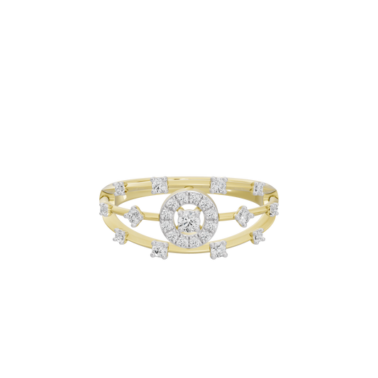 Yellow gold vermeil lab diamond halo ring with round center stone and side accent stones