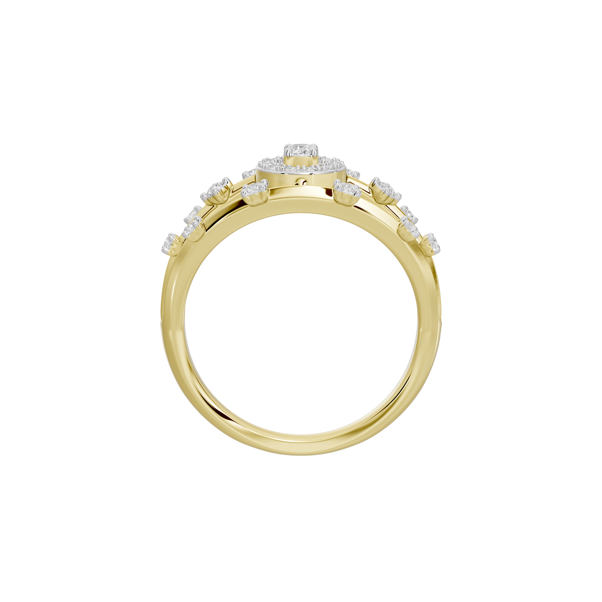 Yellow gold vermeil lab diamond ring with round prong-set stones along the band