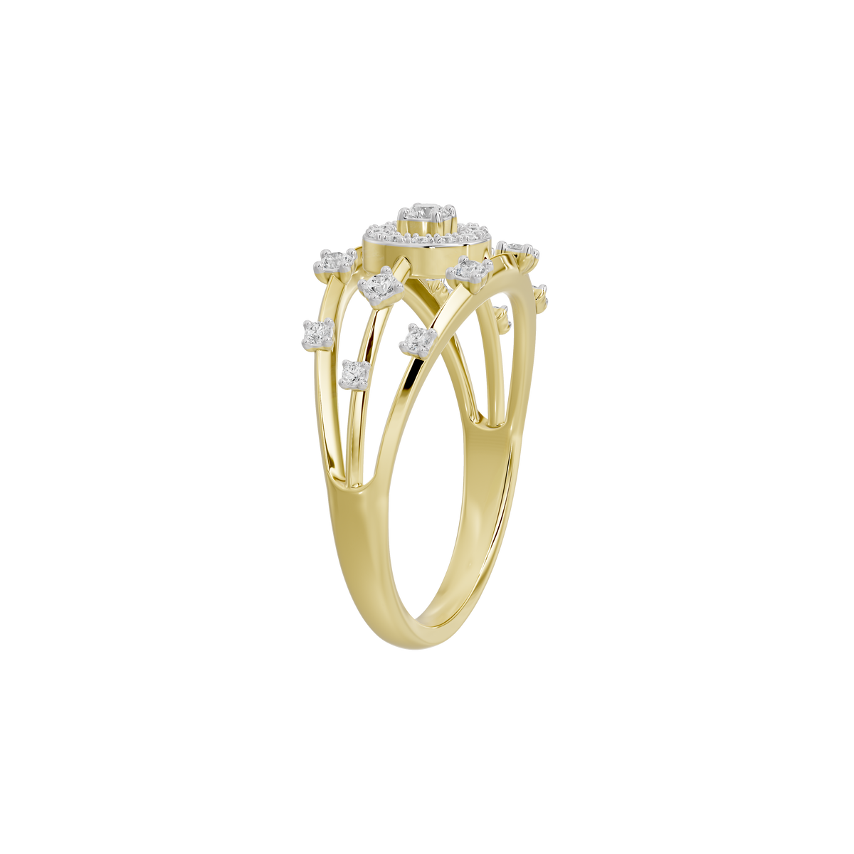 Yellow gold vermeil lab diamond ring showing raised prong settings and rounded stones
