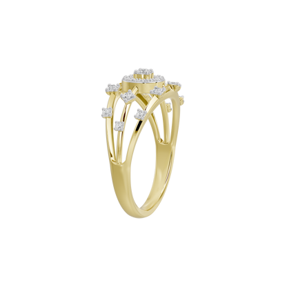 Yellow gold vermeil lab diamond ring showing raised prong settings and rounded stones