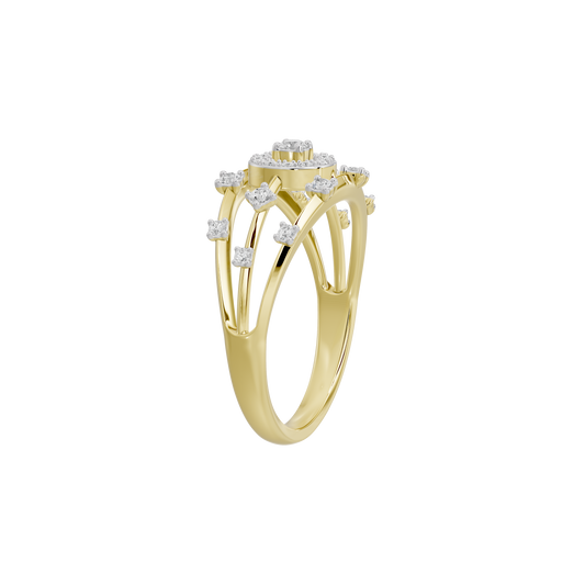 Yellow gold vermeil lab diamond ring showing raised prong settings and rounded stones