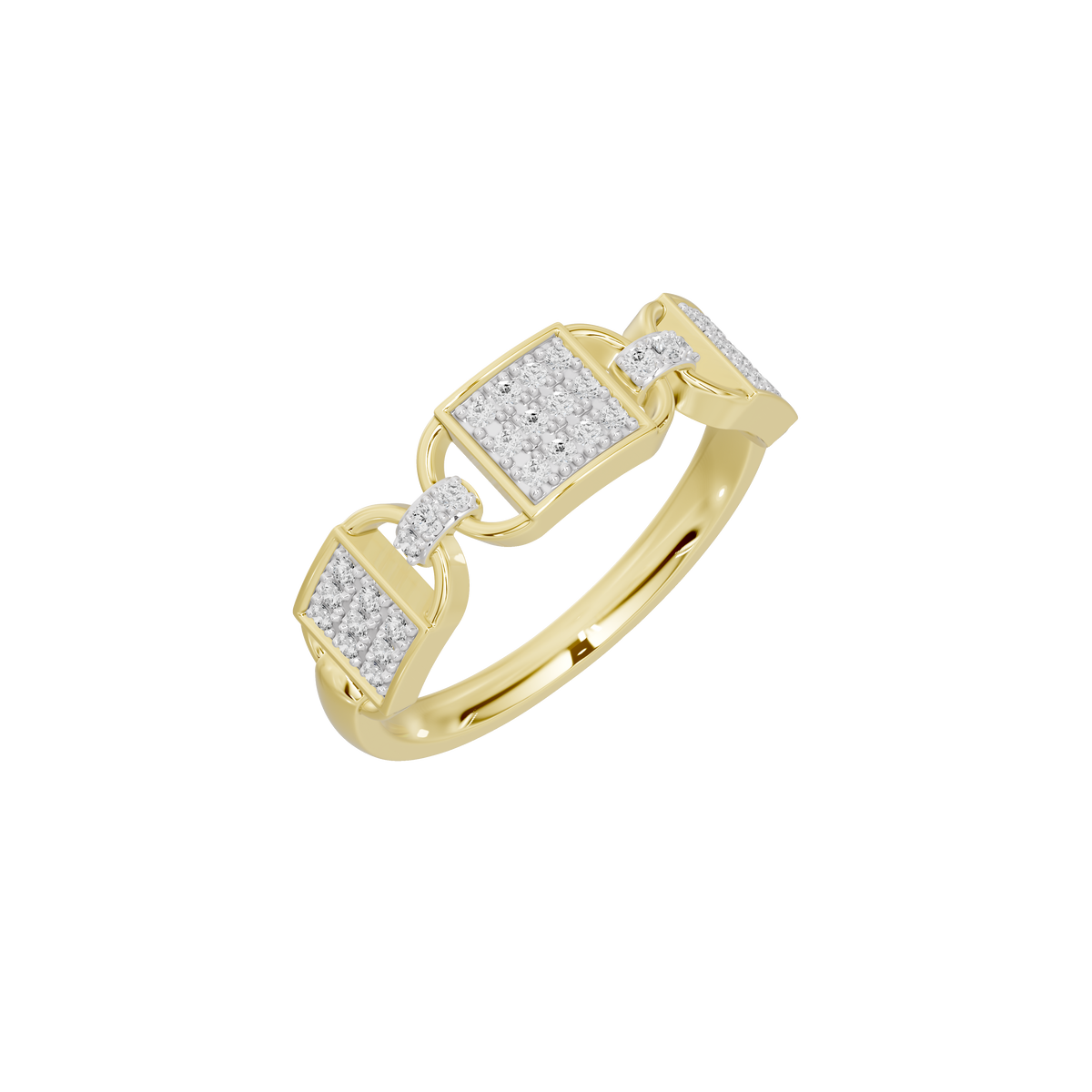 Yellow gold vermeil lab diamond band ring with geometric gold detailing and bezel-set stones