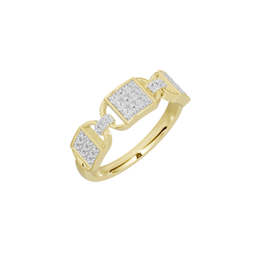 Yellow gold vermeil lab diamond band ring with geometric gold detailing and bezel-set stones