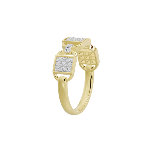 Yellow gold vermeil lab diamond band ring with patterned gold band and rectangular stones
