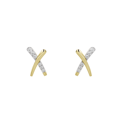 Yellow gold vermeil lab diamond X stud earrings with pavé stone accents on cross