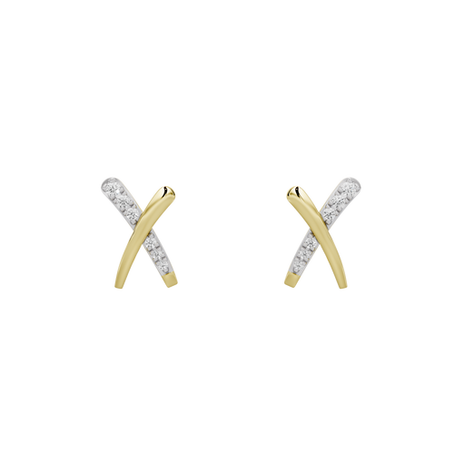 Yellow gold vermeil lab diamond X stud earrings with pavé stone accents on cross