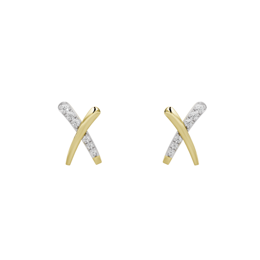 Yellow gold vermeil lab diamond X stud earrings with pavé stone accents on cross