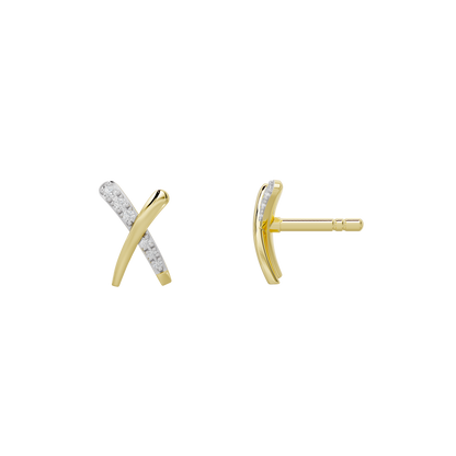 Yellow gold vermeil lab diamond X stud earrings shown from the side with post back