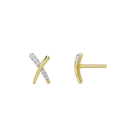 Yellow gold vermeil lab diamond X stud earrings shown from the side with post back