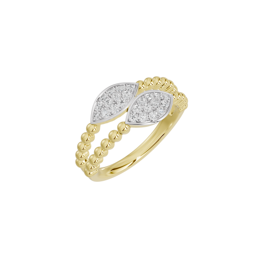Yellow gold vermeil ring with two oval lab-diamond cluster centers and beaded edges