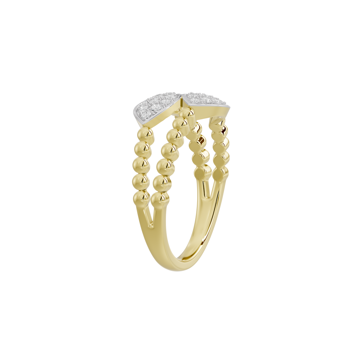 Yellow gold vermeil ring angled view with two stacked oval lab-diamond cluster settings
