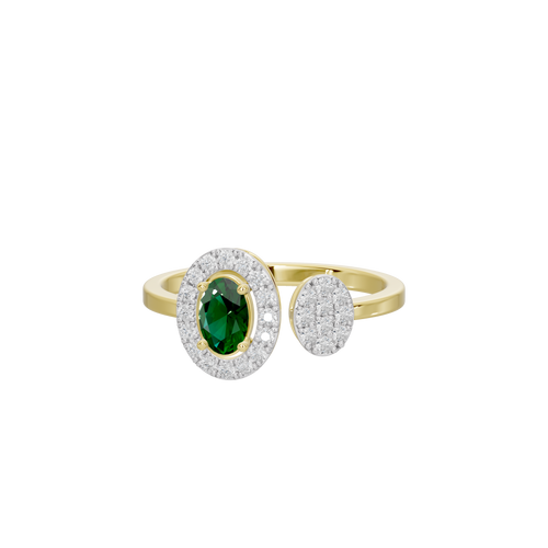 Yellow gold vermeil ring with green oval lab diamond center and pave halo