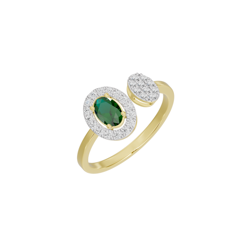 Yellow gold vermeil lab diamond ring side view with green oval center and white pave