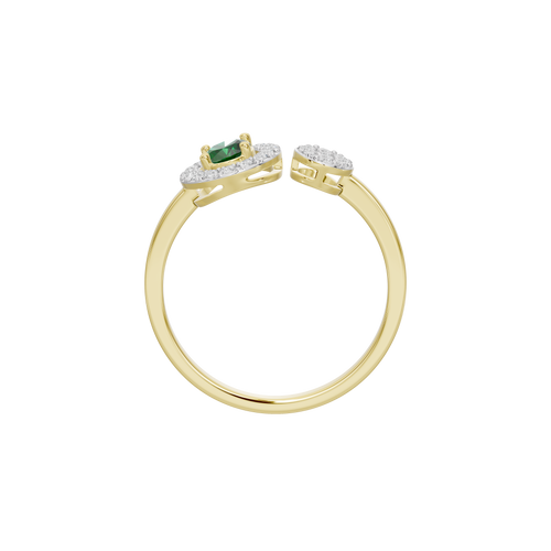 Yellow gold vermeil lab diamond ring top view with green oval center and pave details