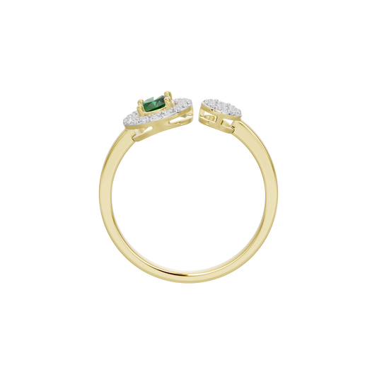 Yellow gold vermeil lab diamond ring top view with green oval center and pave details
