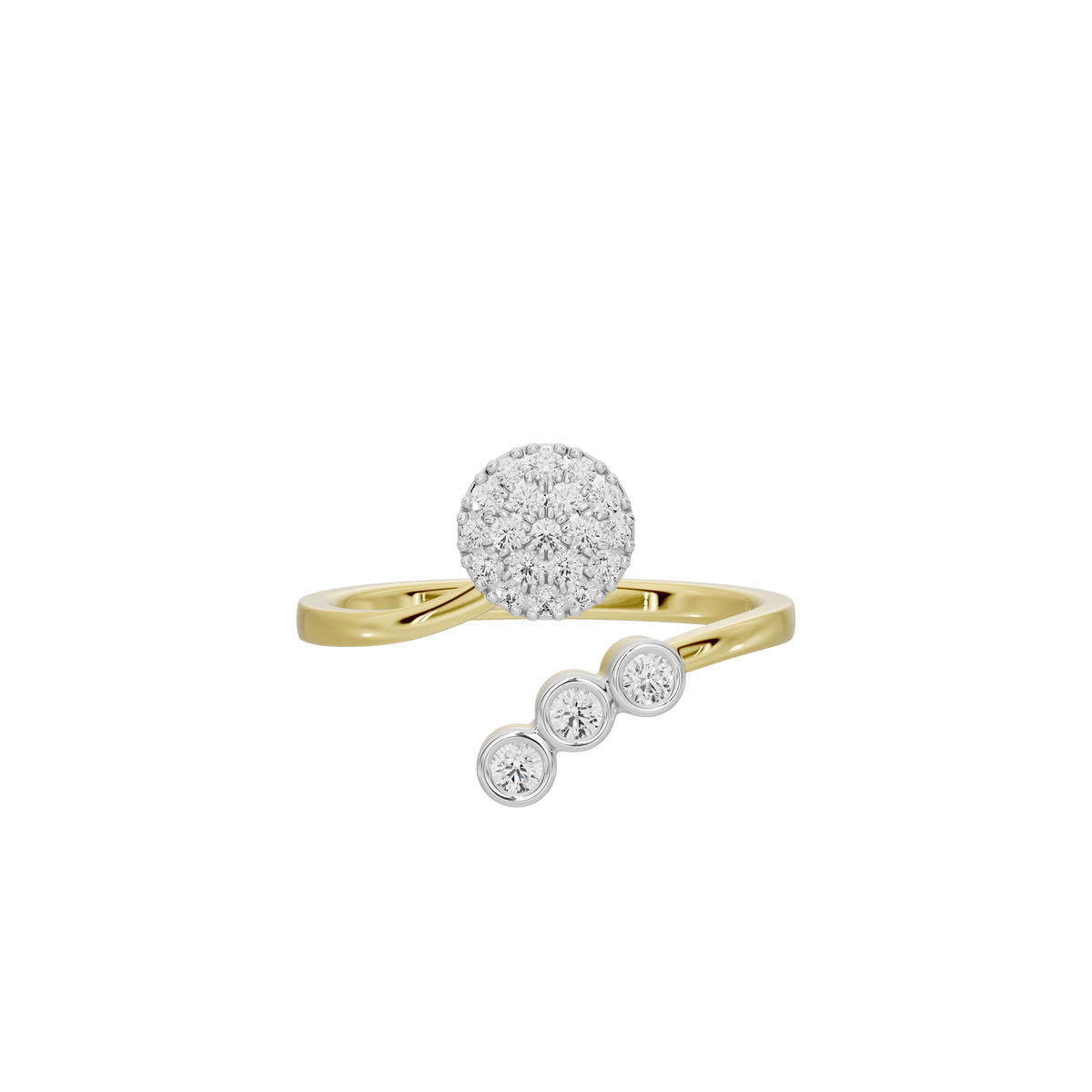 Yellow gold vermeil ring with round pavé center stone and three small disc diamonds