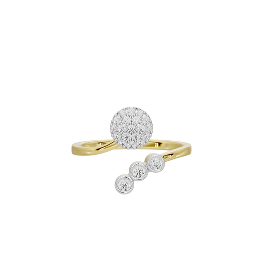 Yellow gold vermeil ring with round pavé center stone and three small disc diamonds
