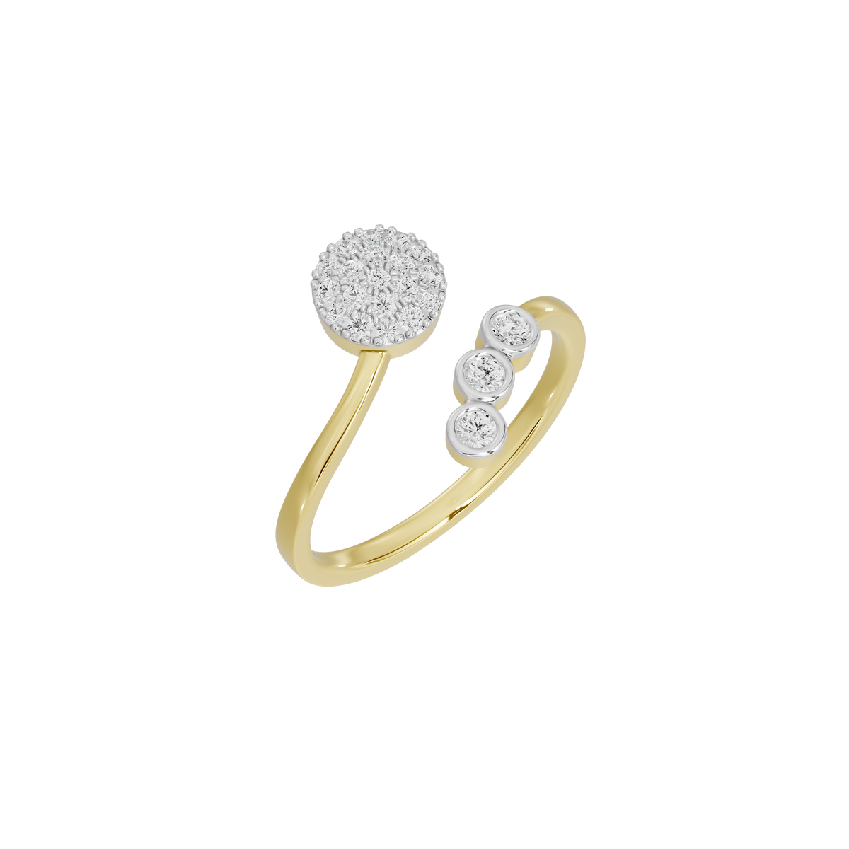 Gold-tone ring with round pavé lab diamond cluster and three small diamond discs