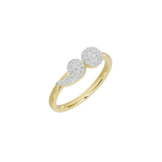 Yellow gold vermeil dual orbit lab diamond ring with two round pavé clusters, side angle