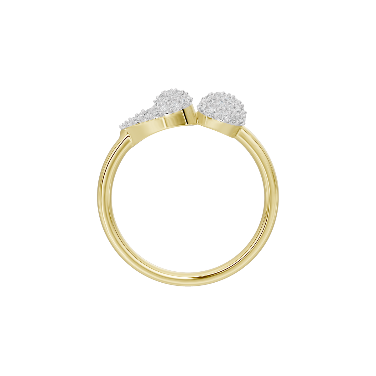 Yellow gold vermeil dual orbit lab diamond ring with two round pavé clusters, top view