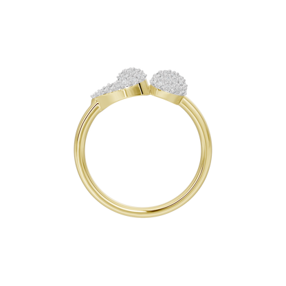 Yellow gold vermeil dual orbit lab diamond ring with two round pavé clusters, top view