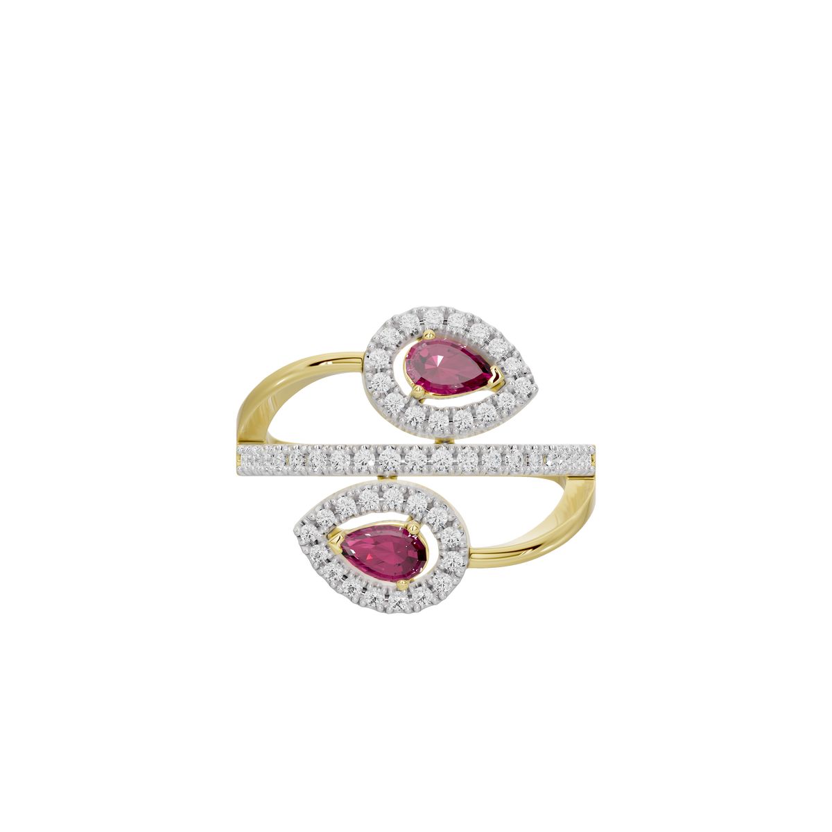 Yellow gold vermeil lab diamond ring with two pink oval stones and pavé halos