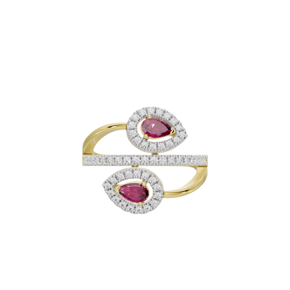 Yellow gold vermeil lab diamond ring with two pink oval stones and pavé halos