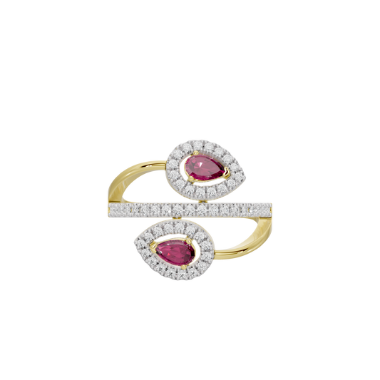 Yellow gold vermeil lab diamond ring with two pink oval stones and pavé halos