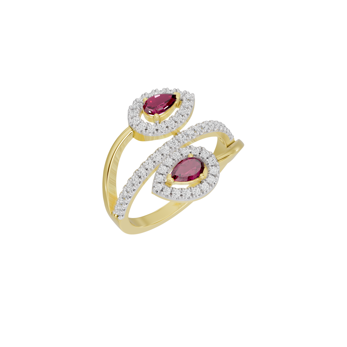 Yellow gold vermeil lab diamond ring angled view with two pink oval stones and halos