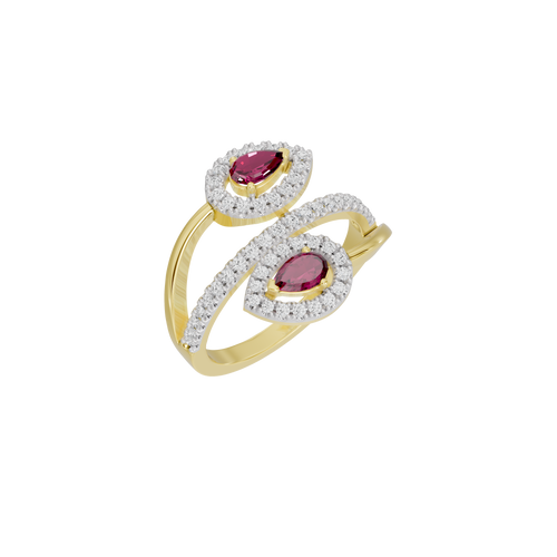 Yellow gold vermeil lab diamond ring angled view with two pink oval stones and halos