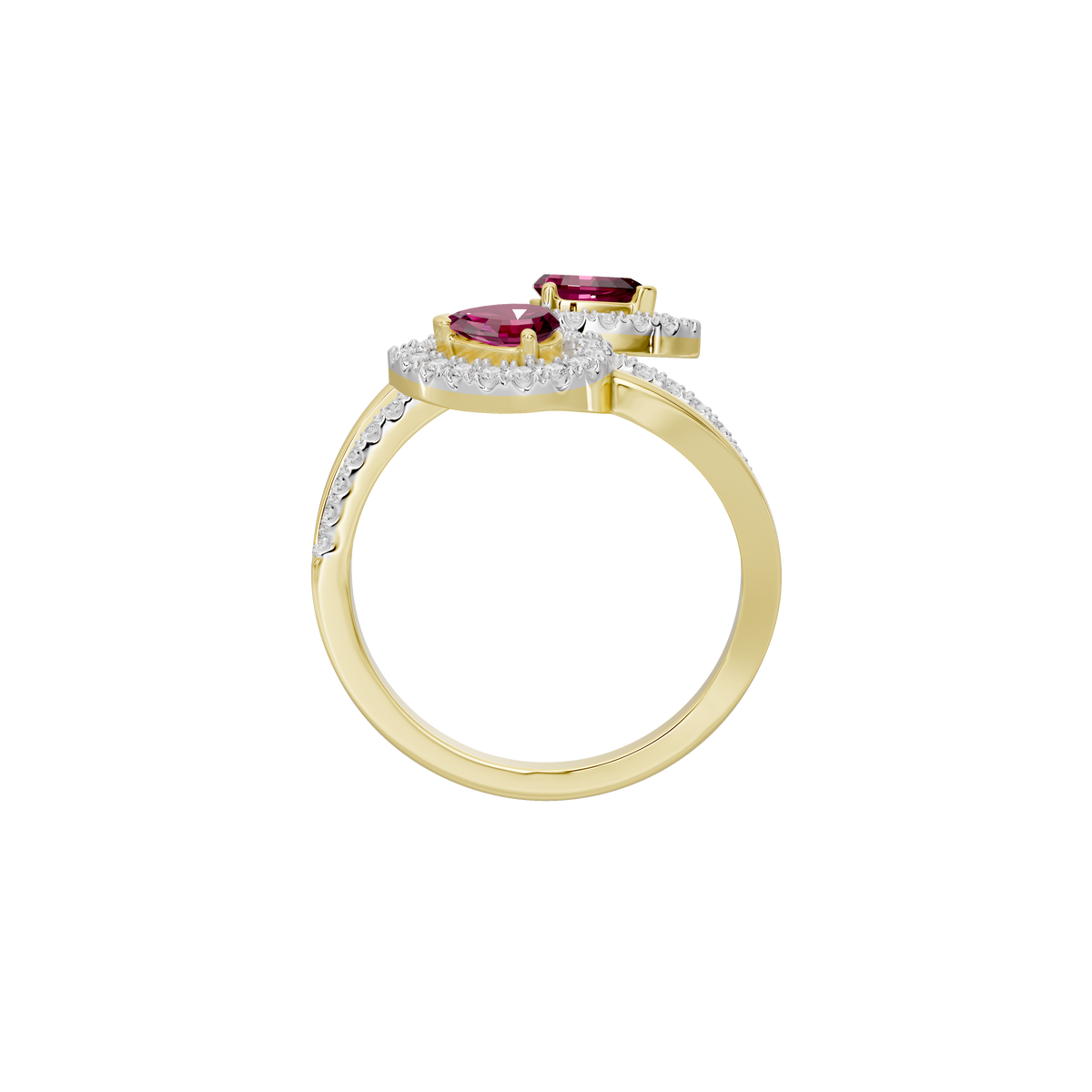 Yellow gold vermeil lab diamond ring with pink oval center stone and diamond halo