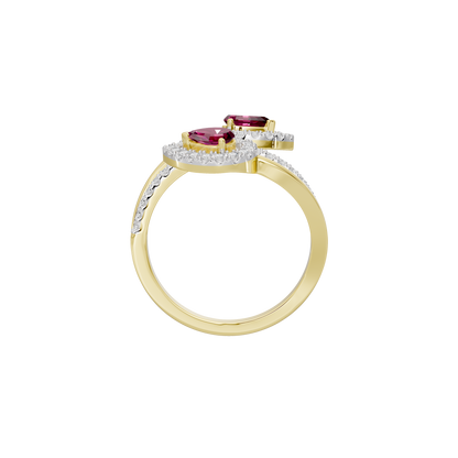Yellow gold vermeil lab diamond ring with pink oval center stone and diamond halo