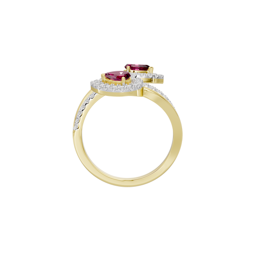 Yellow gold vermeil lab diamond ring with pink oval center stone and diamond halo