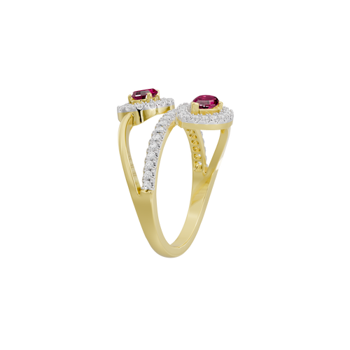 Yellow gold vermeil lab diamond ring with pink oval center stone and halo