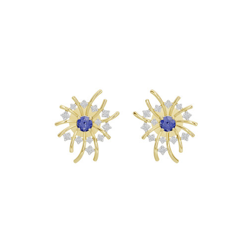 Gold vermeil starburst lab diamond earrings with blue center and clear halo stones