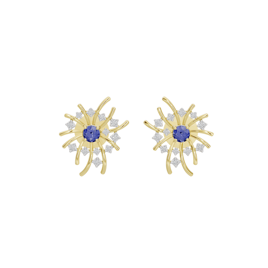 Gold vermeil starburst lab diamond earrings with blue center and clear halo stones