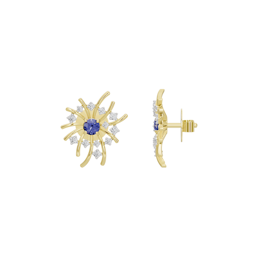 Gold vermeil starburst lab diamond earrings side view with blue center and clear stones