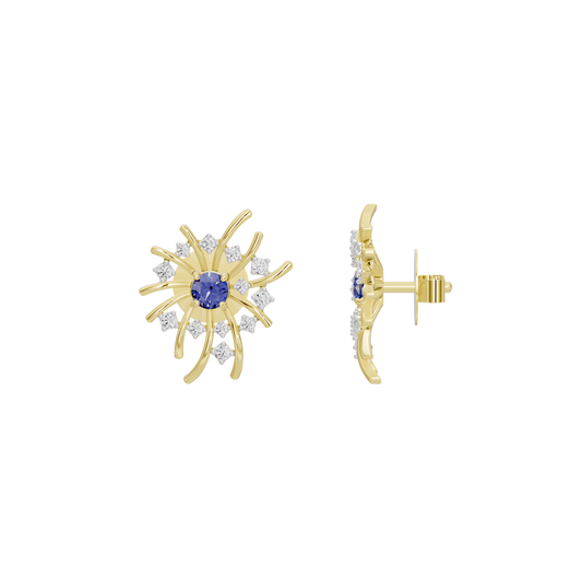 Gold vermeil starburst lab diamond earrings side view with blue center and clear stones