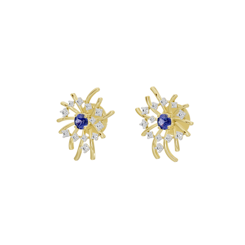 Gold vermeil starburst lab diamond earrings with blue center and white studded stones