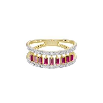 Yellow gold vermeil ring with pink ruby baguette stones and white diamond pavé edges