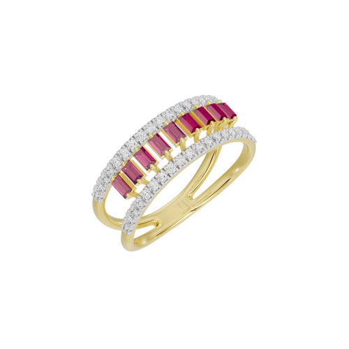 Yellow gold vermeil ring with ruby baguette stones and white diamond pavé band