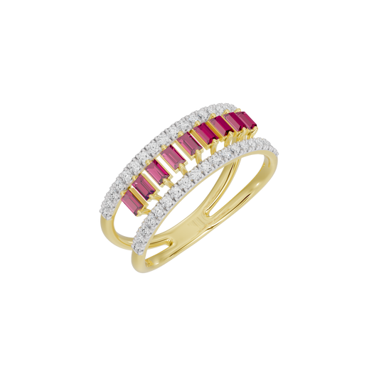 Yellow gold vermeil ring with ruby baguette stones and white diamond pavé band