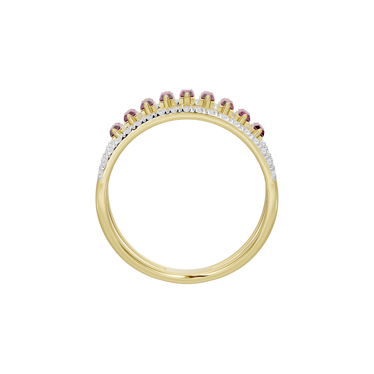 Yellow gold vermeil ring with bezel-set pink ruby baguette stones and diamond pavé border